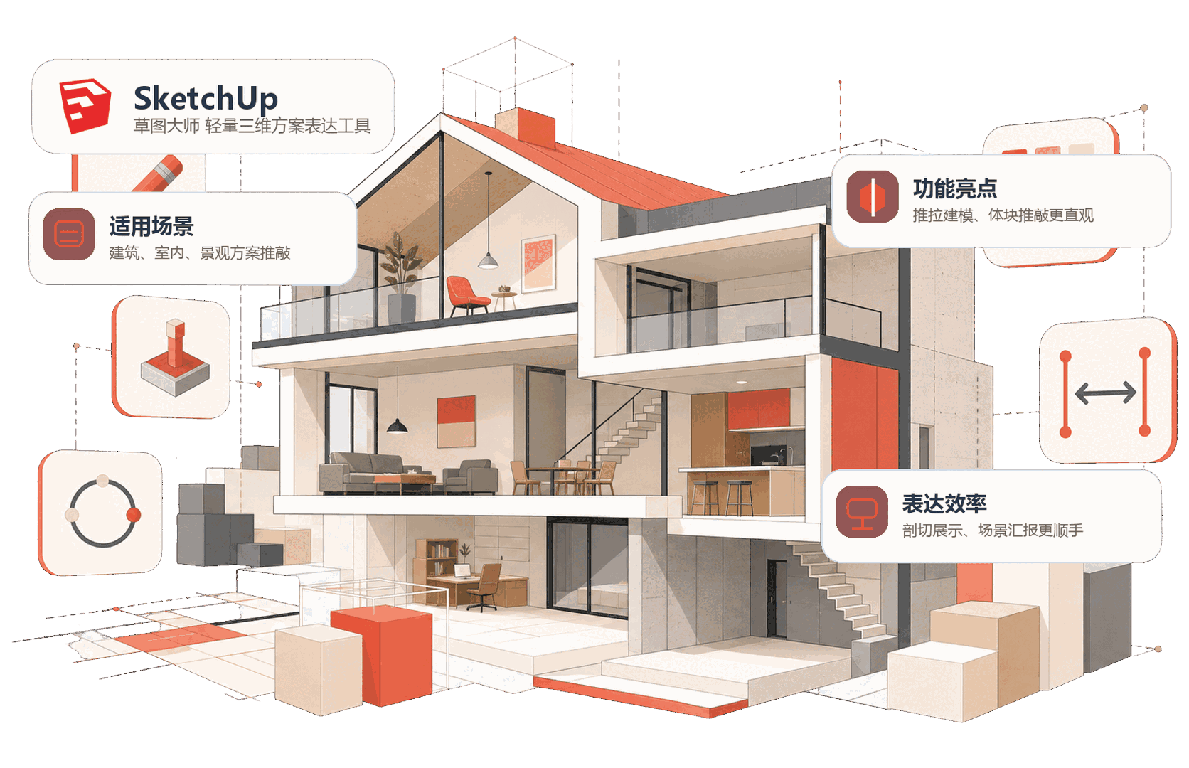 SketchUp 草图大师抽象建筑方案宣传插画